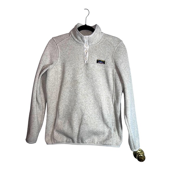 L.L. BEAN Sweater Fleece Jacket Beige Pull Over Snap Button Sz M Regular - Picture 1 of 7